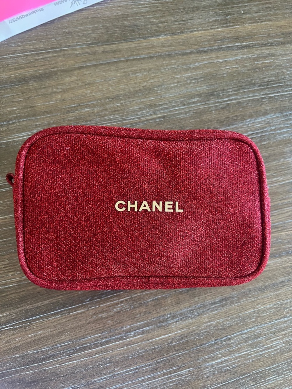 CHANEL Red Glitter Cosmetic Pouch with Gold Logo
